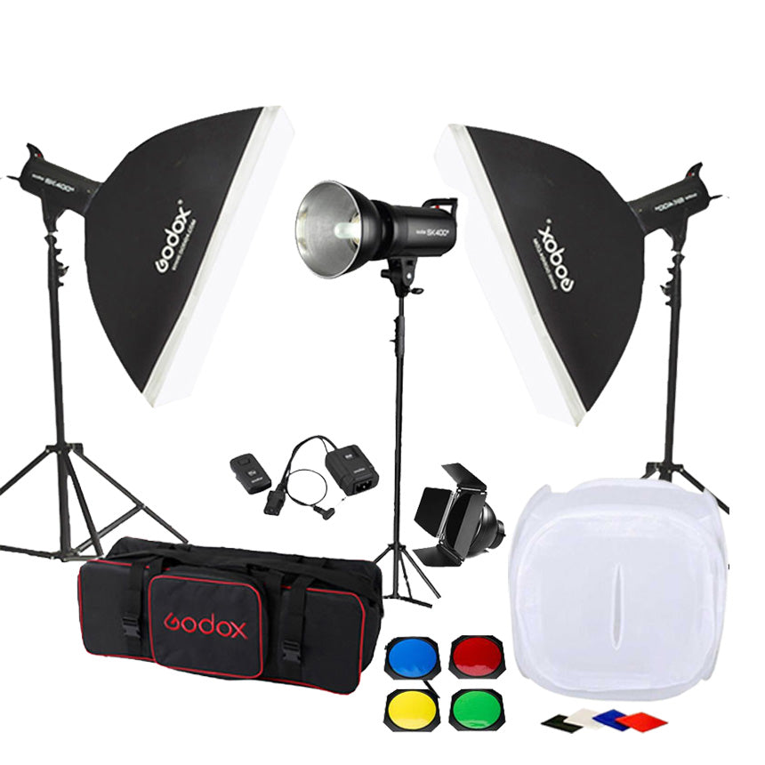 Godox SK400 3'lü Paraflaş Set + Çekim Çadırı 120x120cm