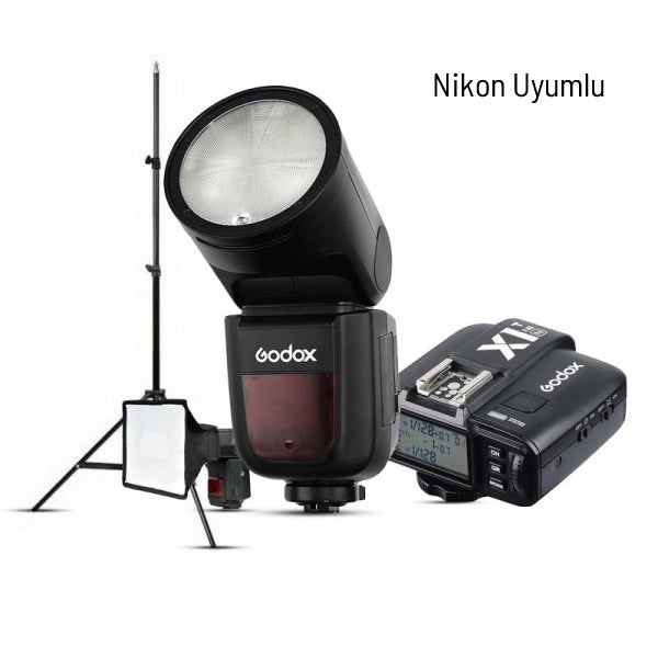 Godox V1 Nikon Flaş Full Set (Tepe Flaş + Tetikleyici + Ayak + Softbox)