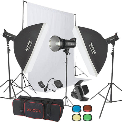 Godox SK400 3'lü Paraflaş Set + Seyyar Fon Perde 3x3 Metre