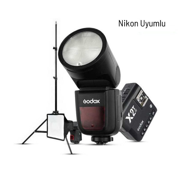 Godox V1 Nikon Flaş Full Set (Flaş, Tetikleyici, Softbox, Tripod)