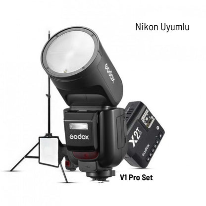 Godox V1 Pro Nikon Flaş Full Set (Flaş, X2 Tetikleyici, 15x20 Softbox, Tripod)