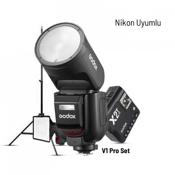 Godox V1 Pro Nikon Flaş Full Set (Flaş, X2 Tetikleyici, 15x20 Softbox, Tripod)