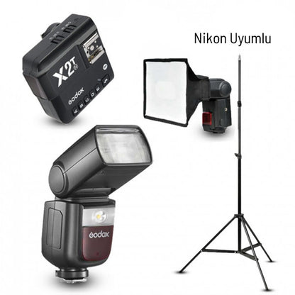 Godox V860III-N Nikon Flaş Full Set (Tepe Flaş + Tetikleyici + Ayak + Softbox)